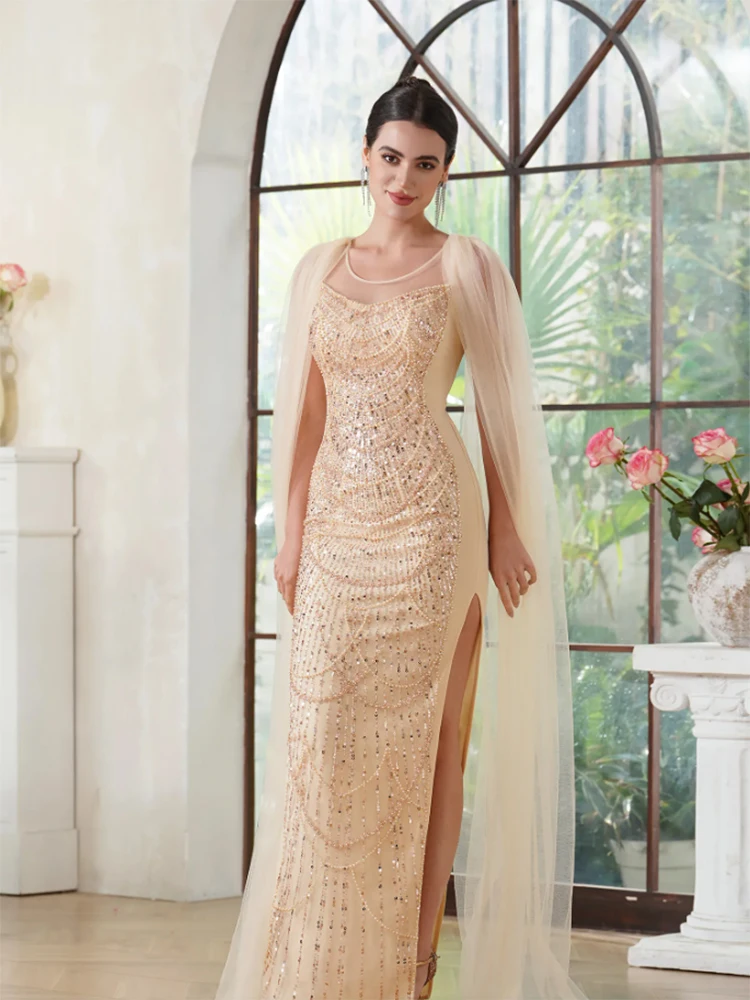 

Elegant Champagne Gold Scoop Neck Beads Sequins Formal Evening Dresses With Side Split Sexy Sheer Long Party Prom Gowns