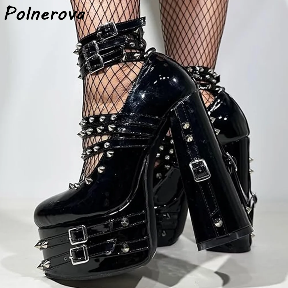 Punk Spiked Stud Multi Straps Pumps Platform Mary Jane Patent Leather Multi Buckle Shoes Ankle Wrap Chunky Block Heels Shoes