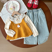 Korean Children Clothes 2025 Spring and Autumn Yellow Duck Knitted Vest +Floral Collar Shirt or Denim Wide-leg Pants