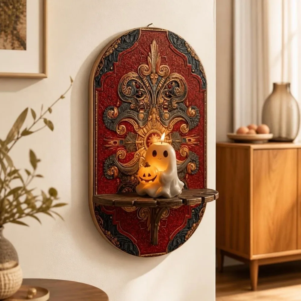 Gothic Wooden Wall Mounted Shelf Butterfly Peacock Wall Storage Rack Wolf 2D Printed Wall Display Stand Living Room Decor