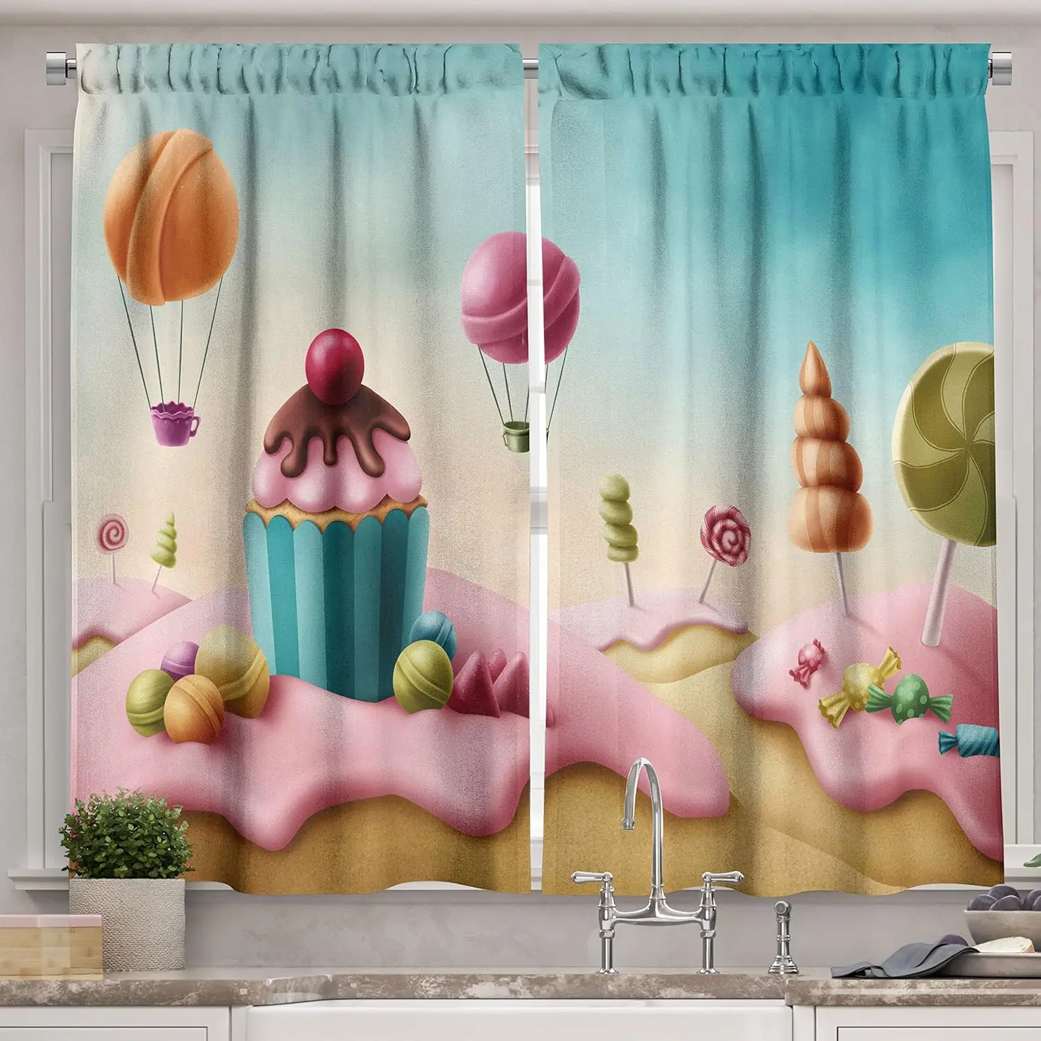 Fantasy Kitchen Curtains,Surreal Candyland Cupcake Bonbon Lollipops Food Delicious Sweets, Window Drapes 2 Panel Set for Kitchen