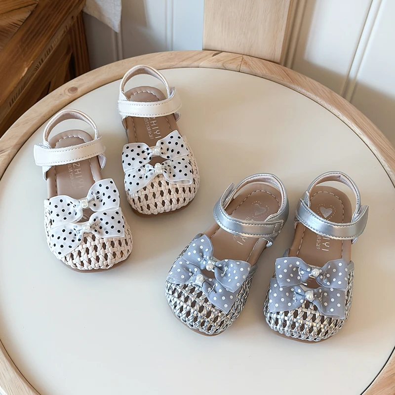 Girls Weave Toes Capped Sandals with Polka Dot Bow Children Summer Princess Shoes Soft Sole Kids Half Sandals Size 22-33