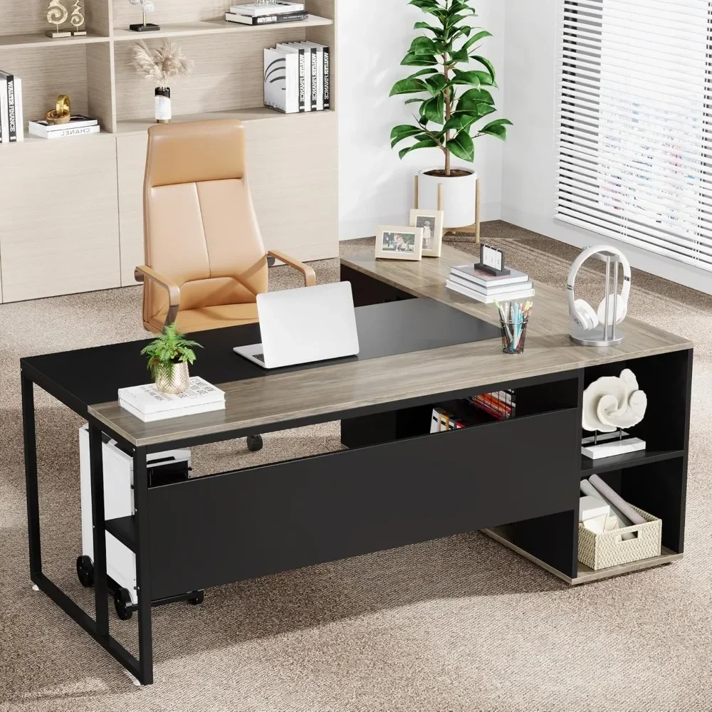 71 inch Executive Desk, L Shaped Desk with Cabinet Storage, Executive Office Desk with Shelves, Business Furniture Desk