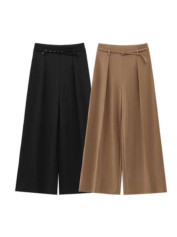 

Willshela Women Fashion With Belt Solid Pleated Wide Leg Pants Vintage High Waist Full Length Female Chic Lady Trousers