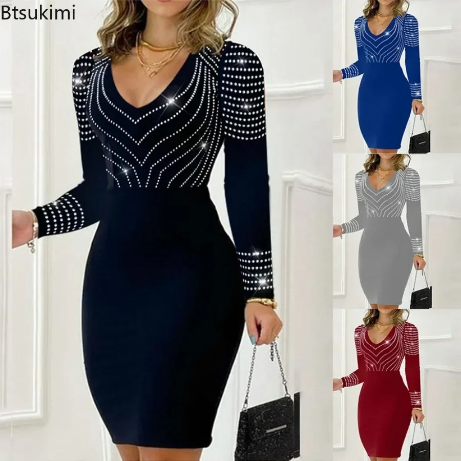 

2025Women's Sexy Autumn Winter Dress Solid Rhinestone Decor Long Sleeve Party Dress Elegant Bodycon Mini Skinny Dresses Vestidos