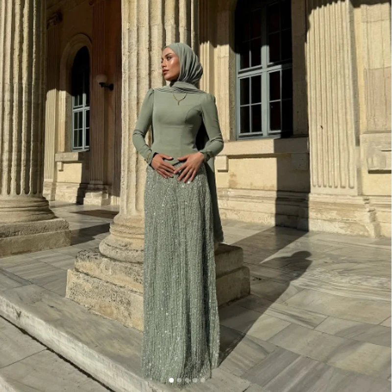 Customized Sequin Embellished Hajib Evening Dresses High Neck Full Sleeve A Line Formal Muslim Prom Dress فساتين سهرة image 4