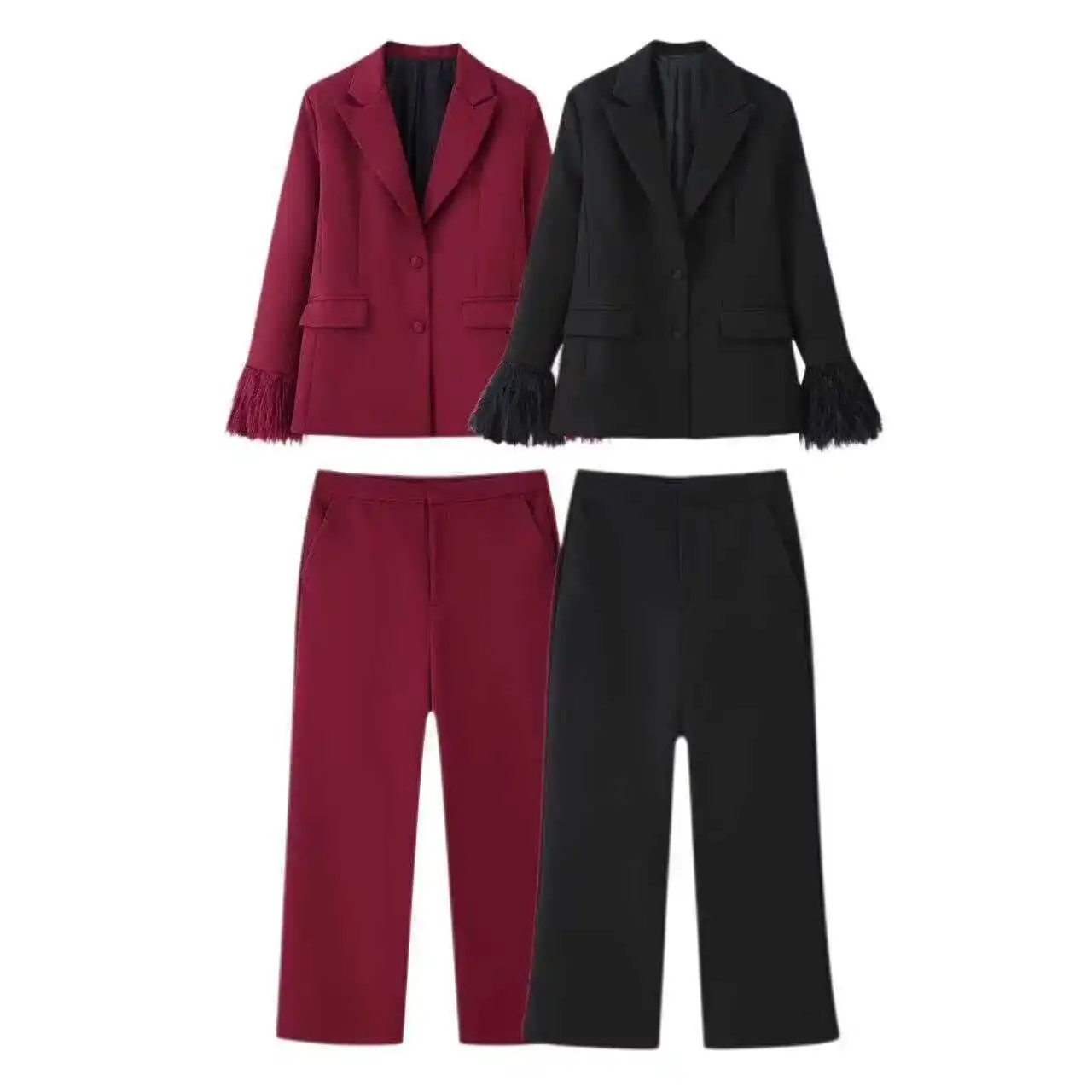 Conjunto de calças de duas peças feminino commuter jaqueta casual moda versátil borla mangas jaqueta de cintura alta calças de terno de perna reta