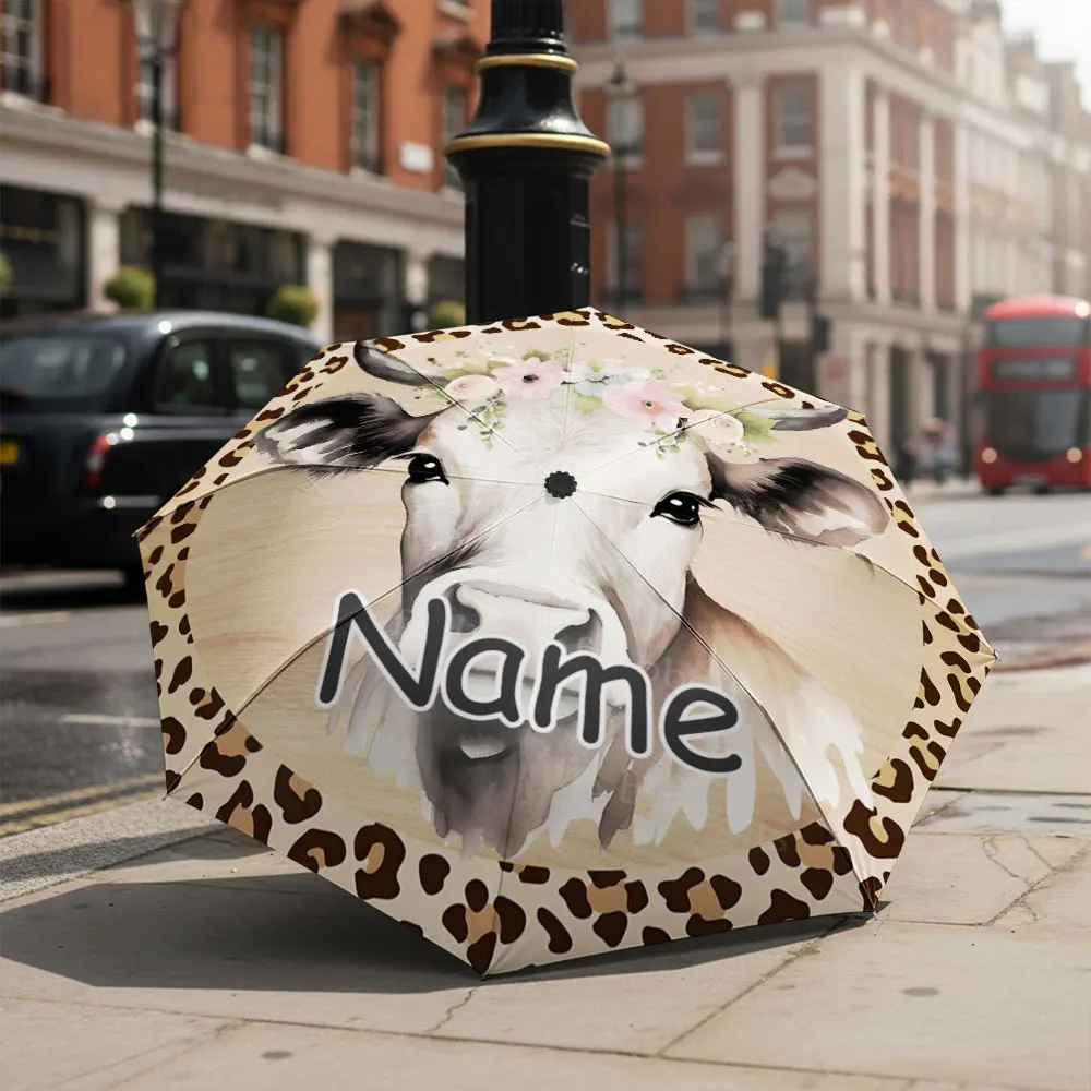 Custom Name umbrella, Floral Cow Print Umbrella with Leopard Pattern Border -Fashion Folding Umbrella for Sunny and Rainy,Gift