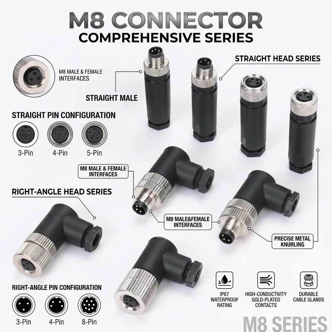 M8 Sensor Connector Waterproof Male&female Plug Straight Angle Screw Threaded Coupling 3pin 4pin 5pin 8pin