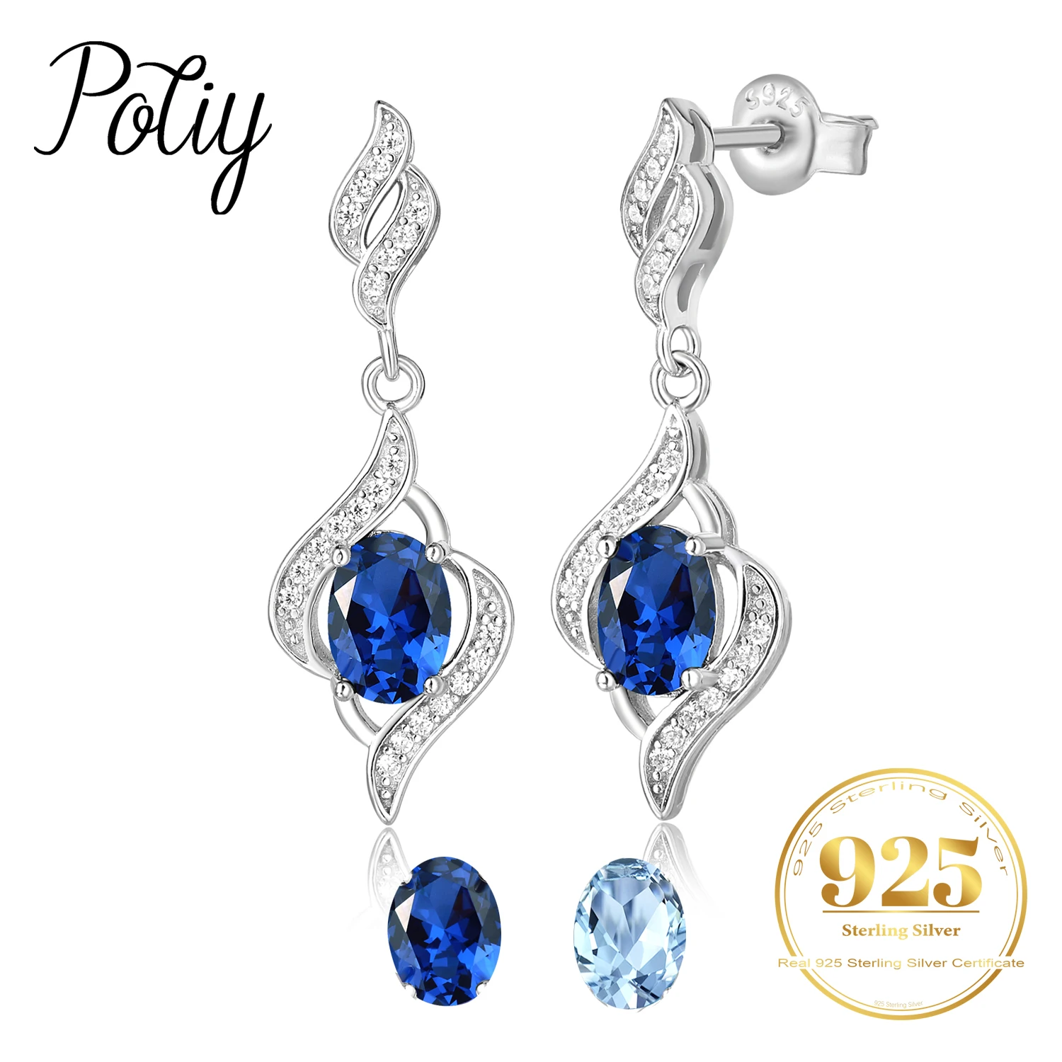 Potiy Created Blue Sapphire Natural Sky Blue Topaz 925 Sterling Silver Dangle Drop Earrings for Women Fine Jewelry Daily Party