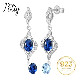 Potiy Created Blue Sapphire Natural Sky Blue Topaz 925 Sterling Silver Dangle Drop Earrings dla kobiet Drobna biżuteria Codzienna impreza