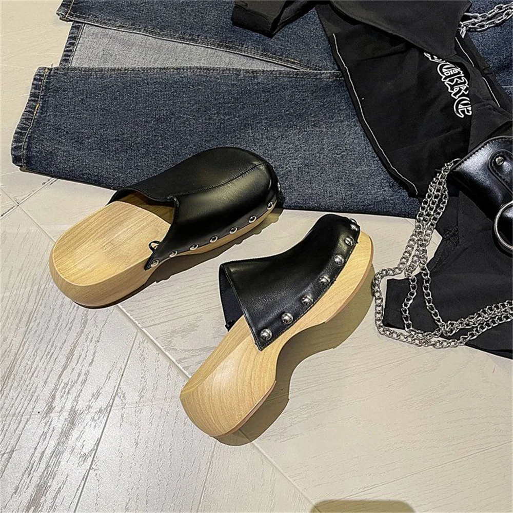 Vintage riveted waterproof platform thick bottom baotou tow new all-in-one design sense a word half slipper woman