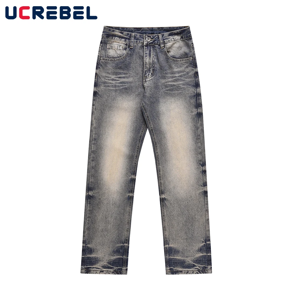 

Washed Distressed Blue Denim Pants Mens Autumn Winter Casual Streetwear Straight-leg Jeans Men