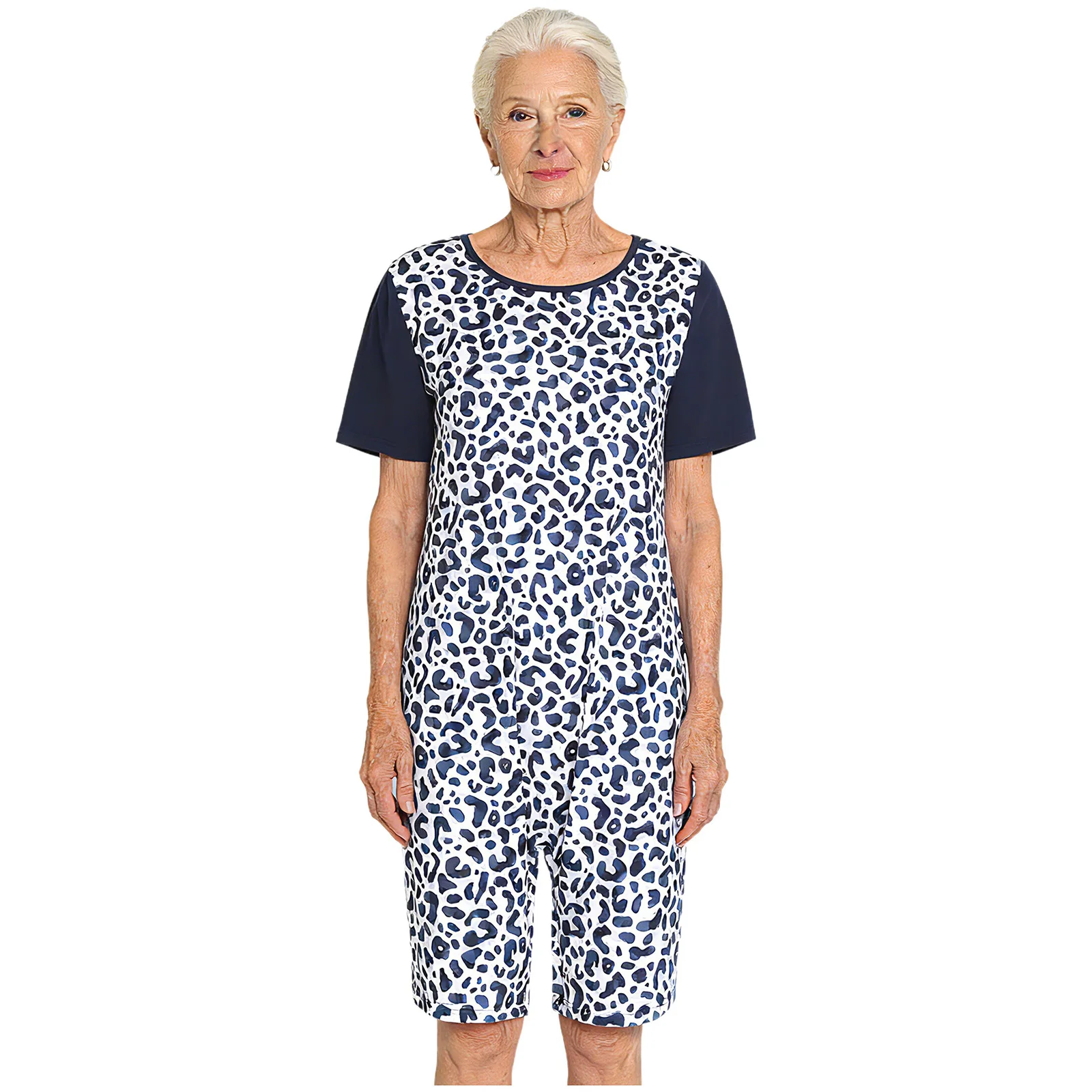 Women Adults Special Needs Jumpsuit Print Short Sleeve Buttoned Crotch Adaptive Bodysuit for Elderly Dementia Alzheimer Patients
