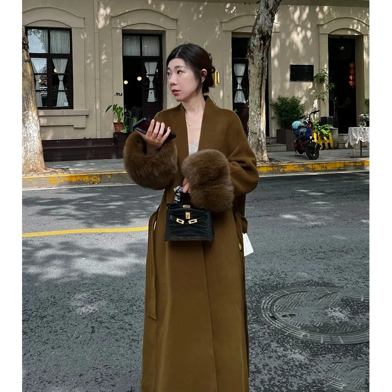 

Hepburn Style Cuff Woolen Coat Women's 2025 Winter Coat New Thick Lace up Medium Long Style Ladies Style Woolen Coat Solid Color