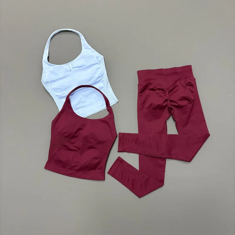 2 Pcs Gym Set Women Seamless Breathable Halter Top Yoga Suit Tummy Control Butt Lifting Leggings Workout Running Fitness Sets
