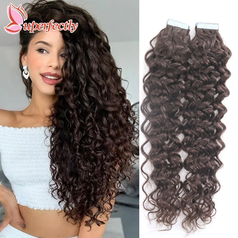 Water Wave Tape Extensões de Cabelo Humano, Remy Cabelo Encaracolado, Ins Europeu Remy Cabelo, Pele Trama Extensão Adesiva, 12 "a 26"