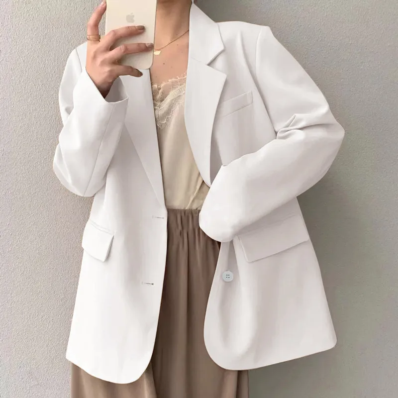White Mid Length Korean Loose Blazer Women Long Sleeve Single Breasted Suit Coats Female Solid Basic Casual Outerwear Blazers