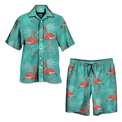 Fato Flamingo Estampado Masculino, Camisa 3D Estampada, Calção de Praia, Grande, Luxo, Férias, Streetwear Havaiano, Moda, 2 peças