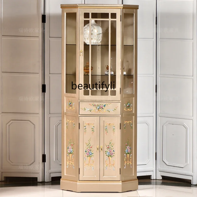 European Style Solid Wood Hand Painted Living Room Storage Cabinet with Light Wine Cabinet American Glass Triangle Sideboard