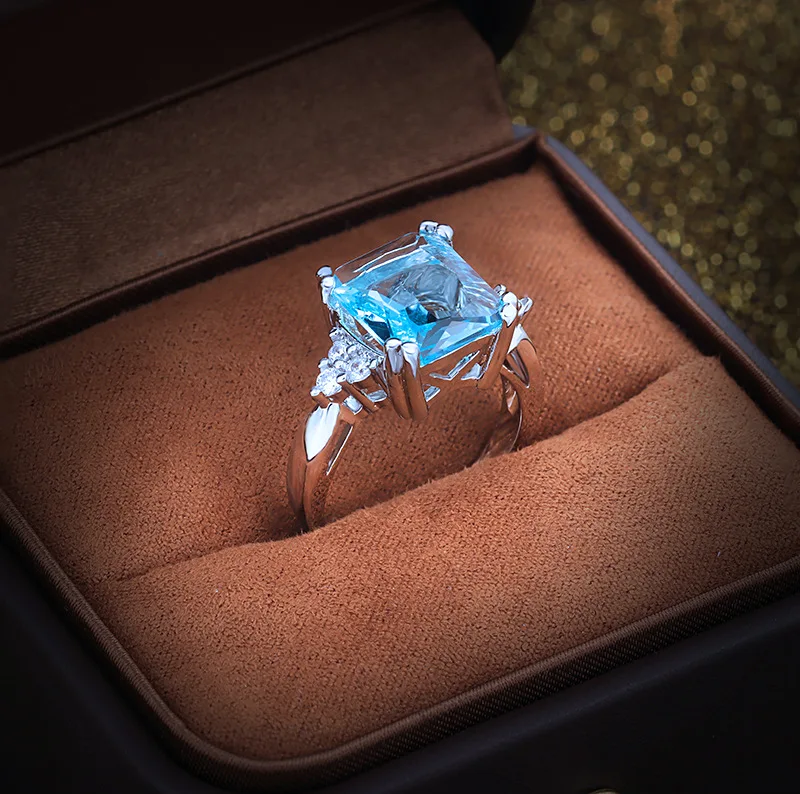 Anillo de plata de 18k para mujer, sortija elegante de circonita cúbica azul Noble, joyería de moda para fiesta, regalo de boda