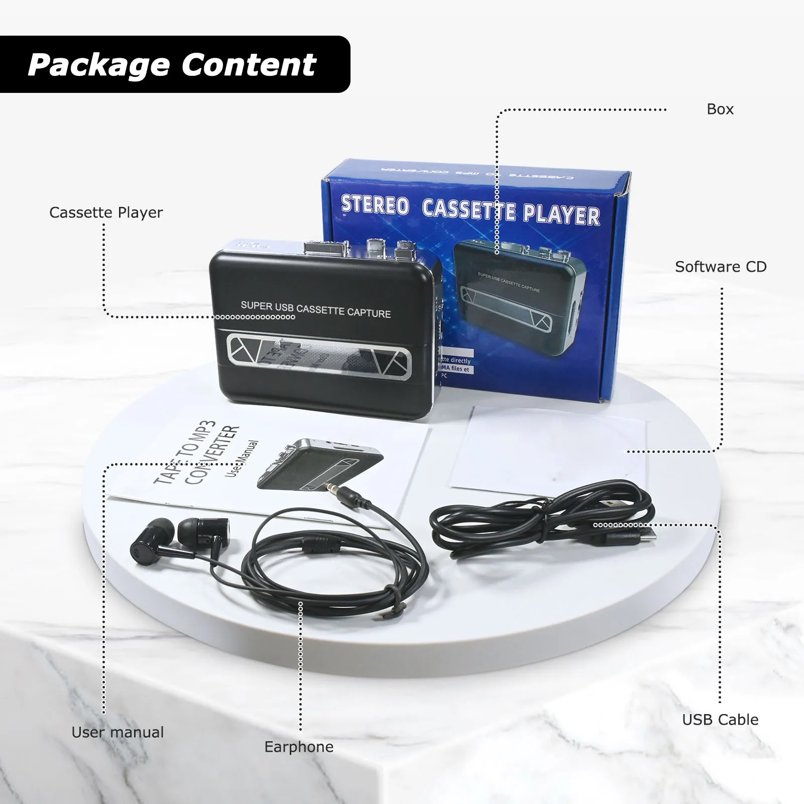 カセットからMP3コンバーター ポータブルカセットテーププレーヤー 3.5mmイヤホンジャック 自動巻き戻し 音楽再生用のクリアな音質