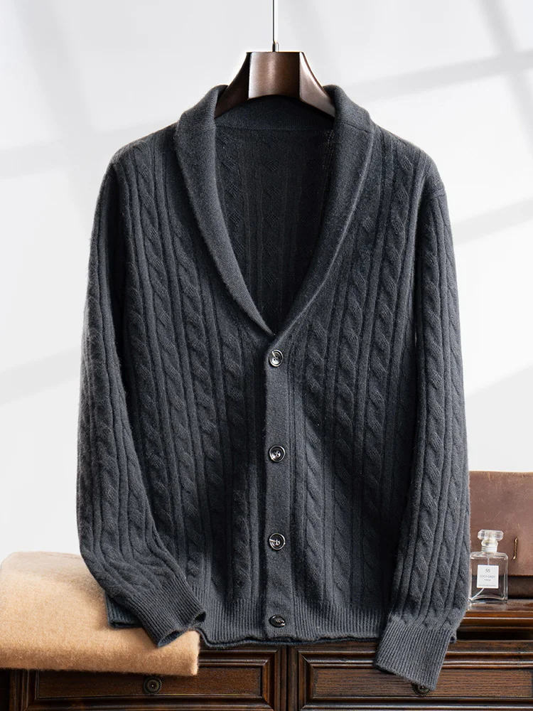 New 100% Goat Cashmere Sweater Men's Green Fruit Neck Knitted Cardigan Business Casual Shirt Coat Autumn Winter Thickened Warm