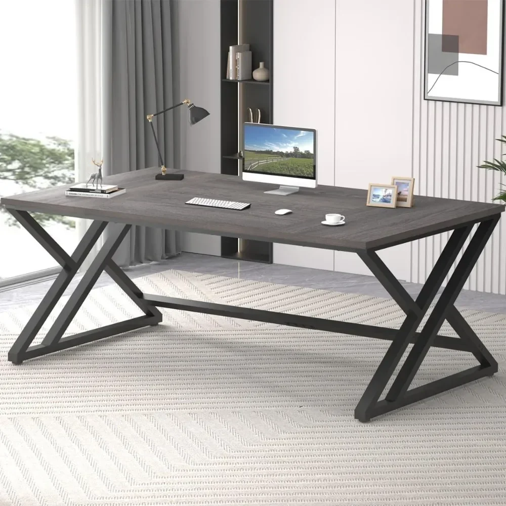 70 Inch Computer Desk, Modern Pc Study Gaming Writing Table for Two Person, Industrial Large Wood Metal Office Writing Desk