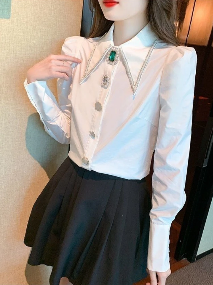 

2026 Spring New Arrival Women's Long Sleeve Blouse Top French Chic Niche Design Heavy Beaded Rhinestone Shirt