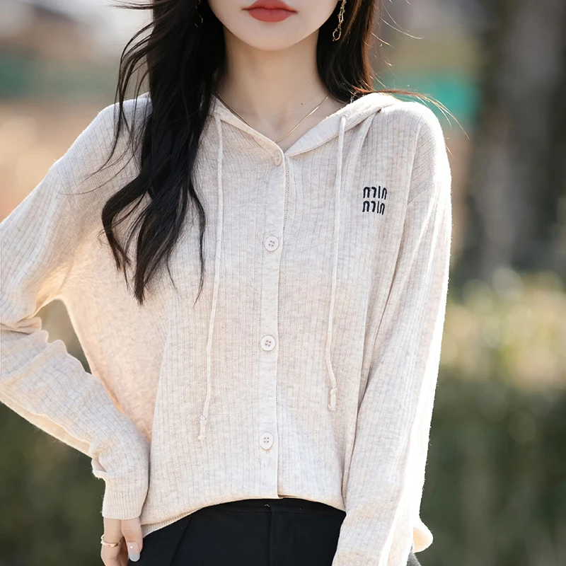 2025 Spring and Autumn women's cashmere cardigan hooded cardigan knitted sweater cardigan fashionable cashmere sweater jacket