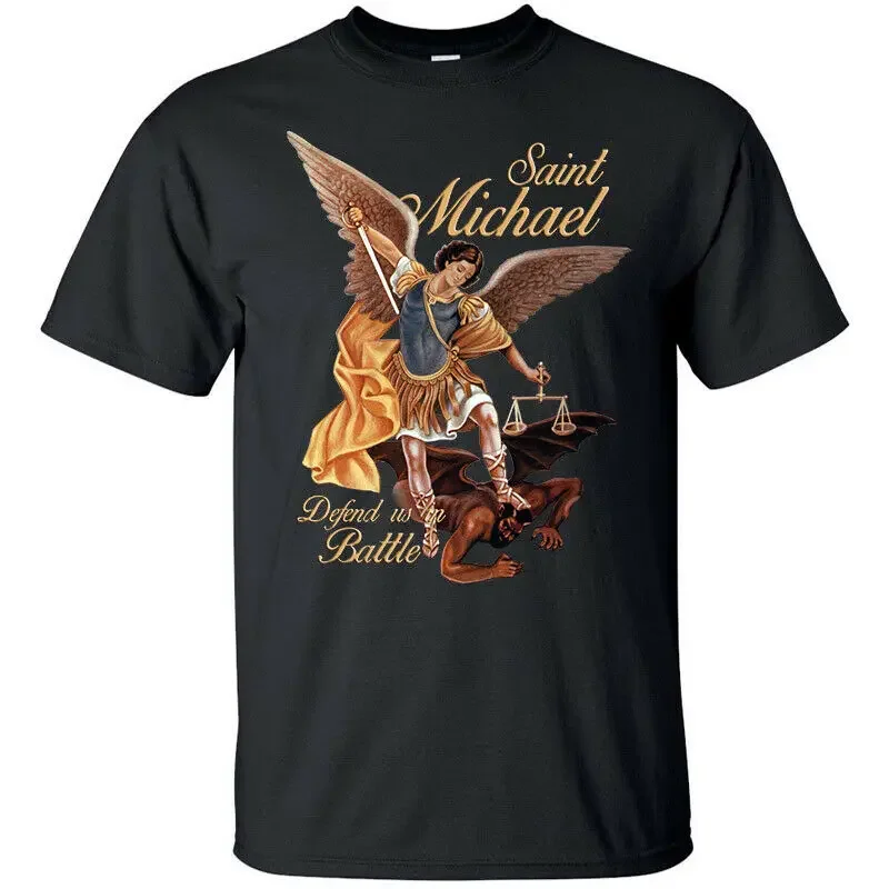 Saint Michael Defend Us In Battle. Catholic Christian Gift T-Shirt 100% Cotton O-Neck Summer Short Sleeve Casual Mens T-shirt