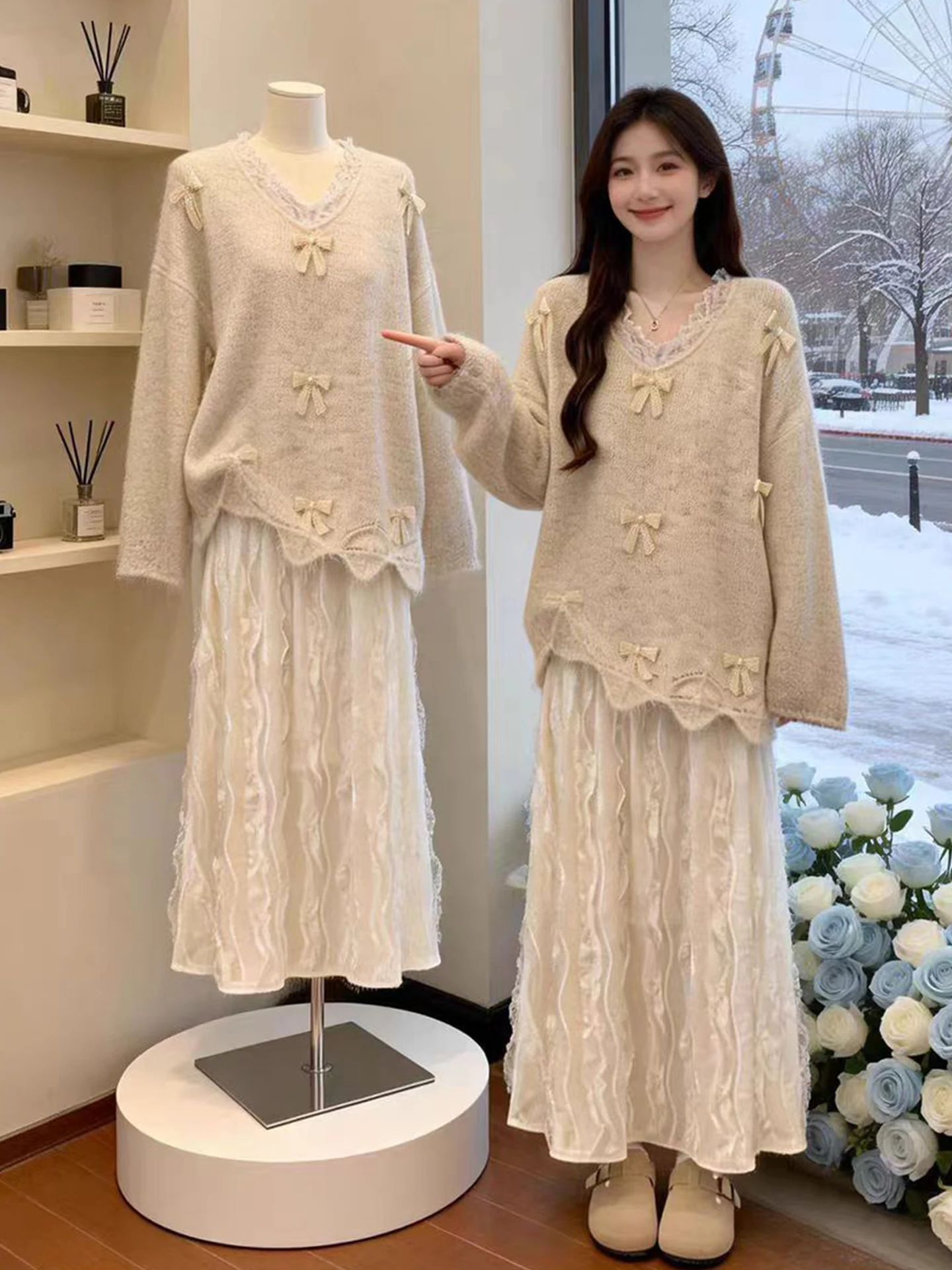 

Unique Large Size Women's Knitted Sweater V-Ne 3D Knot Lazy Sle Premium Feel Long Sve Warm Spring Autumn Winter