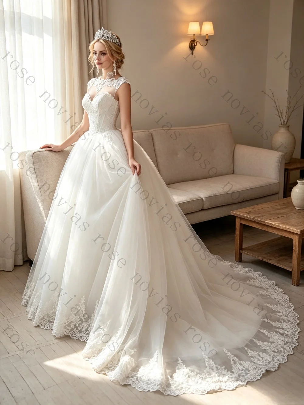 Customized Boat Collar Lace Transparent Hollow Ball Gown Luxurious Applique Fluffy Princess Bride Dress Suitable for Banquets