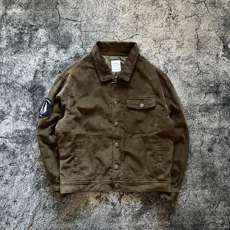 

American Vintage Amekaji Khaki Embroidered Badge 100% All Cotton Corduroy Thick Clip Collar Jackets Men Casual Coats Outwewar