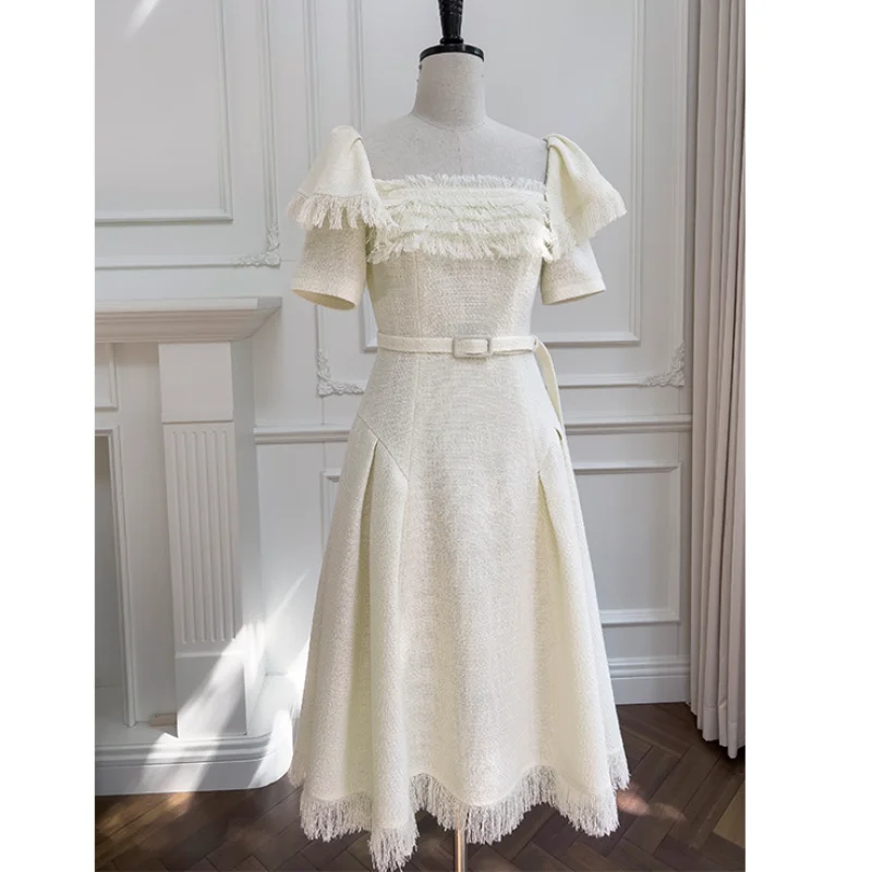 

Summer French Square Collar Elegant Short-sleeved Dress Women High Quality Vintage Tassel Tweed Party Wedding Female Dress 1270