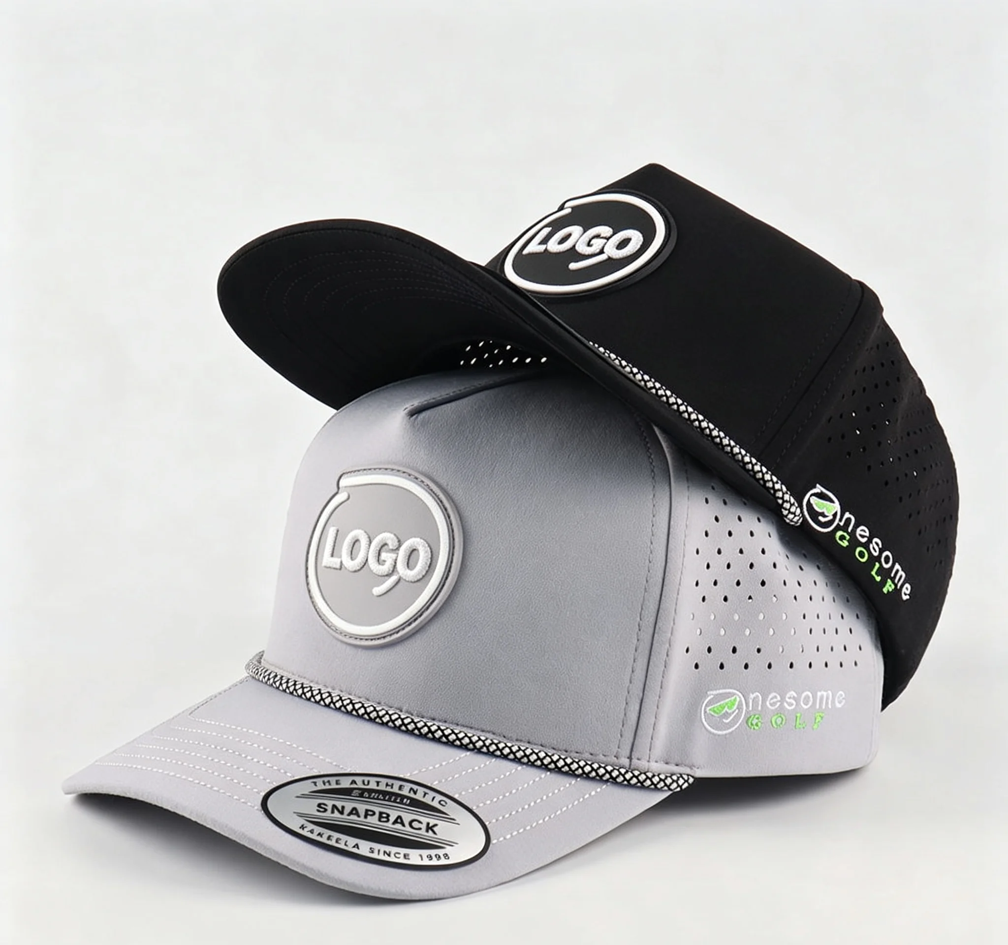 High-Quality Men's 5-Panel Snapback Golf Cap Waterproof Performance Sports Baseball Cap with Custom PVC Logo Laser-Cut Rope Deta view 3