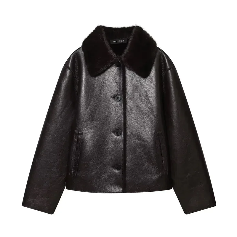 

Women's Jacket 2025 Autumn/Winter New Arrivals Dark Brown Long-Sleeve Faux Leather Reversible Jacket Stylish and Unique