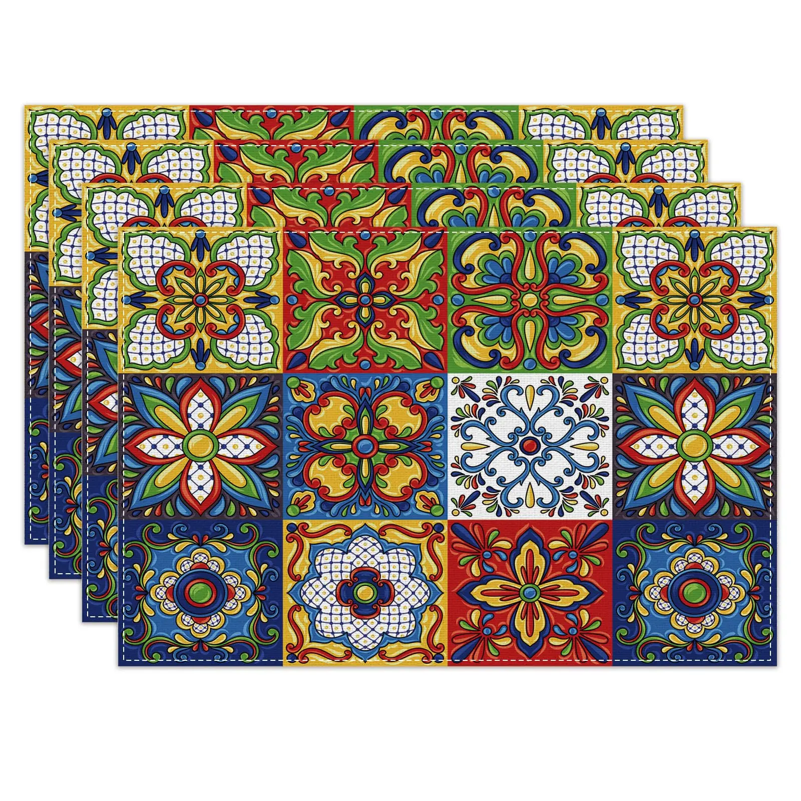 

Linen Mexican Talavera Ceramic Tile Placemats Cinco De Mayo Day of The Dead Dia De Los Muertos Mexican Fiesta Party Decor 12x18"