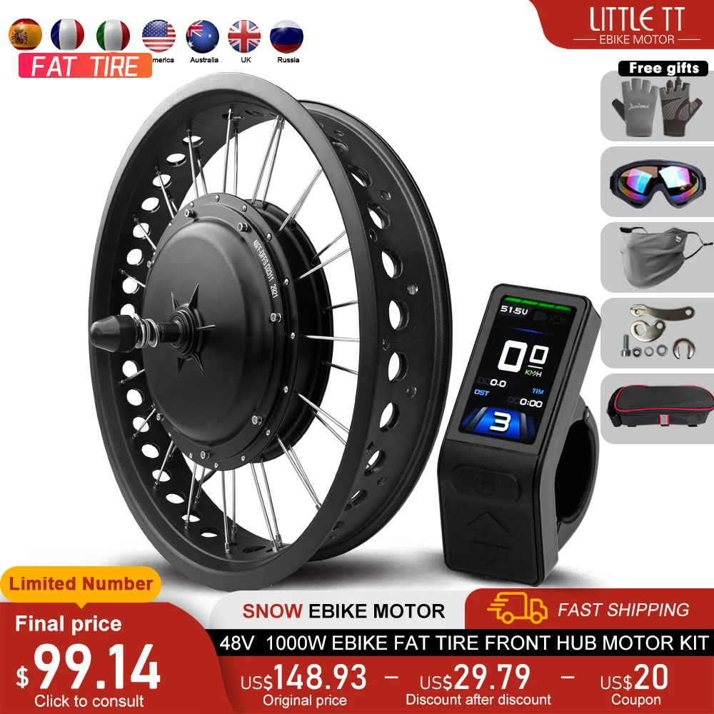 

Комплект для переоборудования электровелосипеда Fat 48 В 1000 Вт, передняя бесщеточная ступица, мотор-колесо 20, 24, 26 дюймов, 4,0 шины для комплекта для переоборудования электрического снежного велосипеда