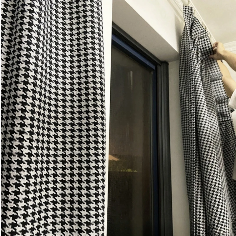 North European style curtains with black and white thousand bird pattern Jacquard fabric can be customized for window curtains