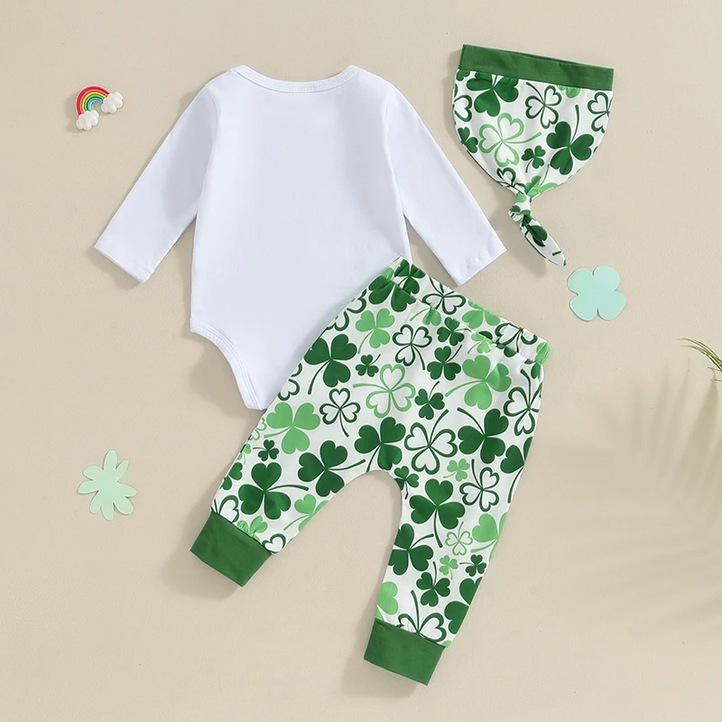 

Baby Boy Irish 3 Piece Outfit Shamrock Print Long Sleeve Rompers and Elastic Pants Beanie Set Fall Spring Clothes