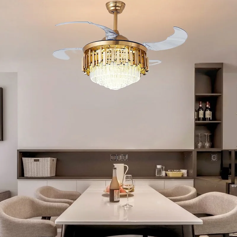 

2026 Inch Luxury Crystal Ceiling Fan Modern LED Chandelier Remote Control Fan Light Retractable Blade Bedroom