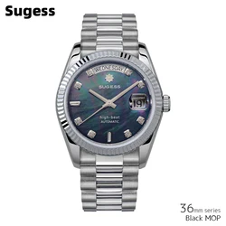 Sugess 36mm Mens of Watch Automatic Dandong Peacock SL3034 Day Movement Sapphire Glass 100m Waterproof Wristwatches MOP Date New