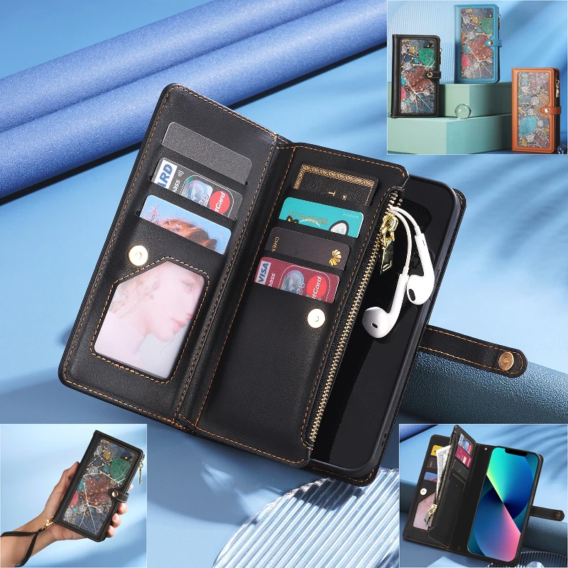 Vertical Zipper Wallet Anti Theft Brush Flip Phone Cover For Google Pixel 8 7 Pro 6A 6Pro Wrist Rope Leather Magnetic Phone Case