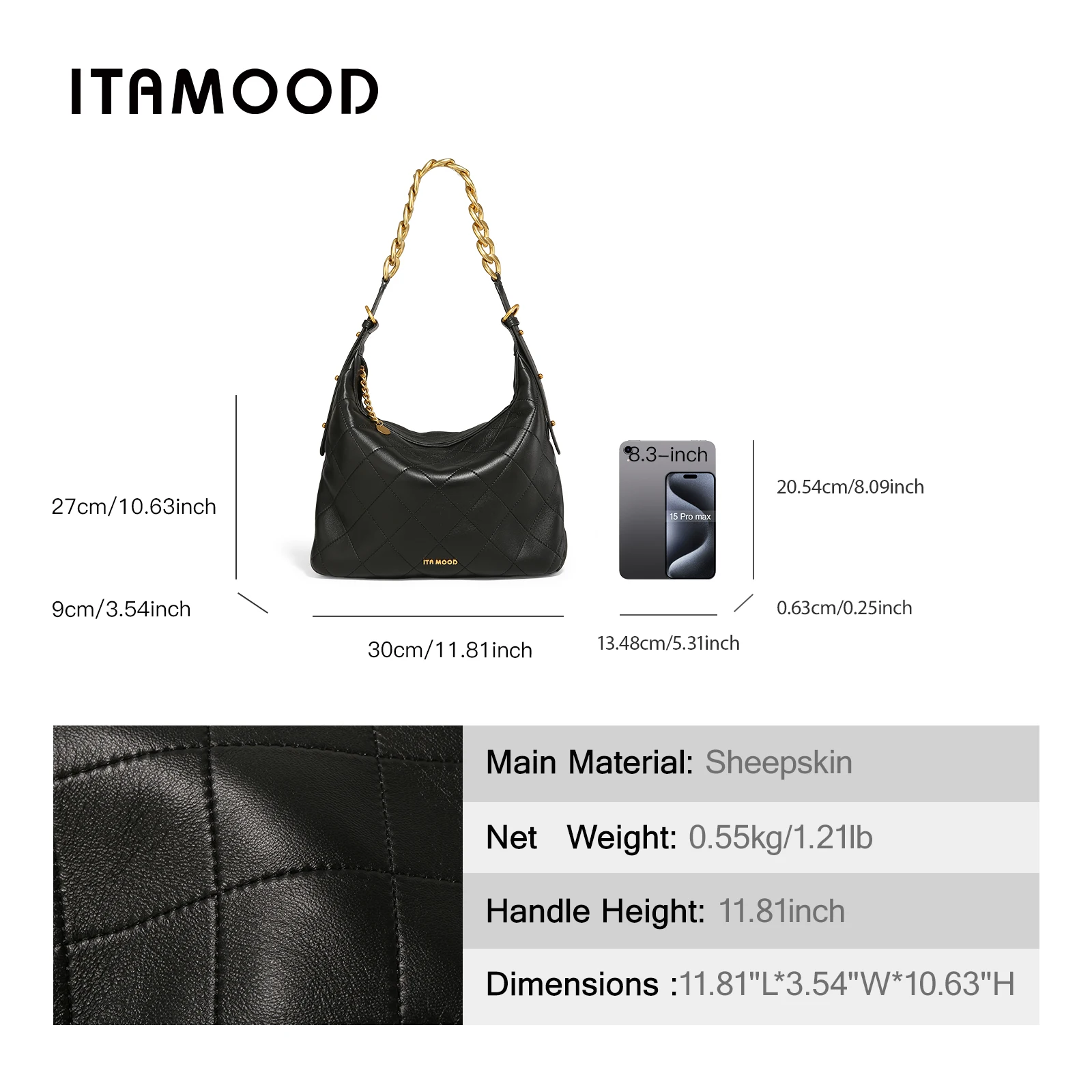 ITAMOOD Genuine Leather Shoulder Bag Luxury Branded and Quilted Tote Bag With Gold Color Chain Strap Large Capacity Handbag