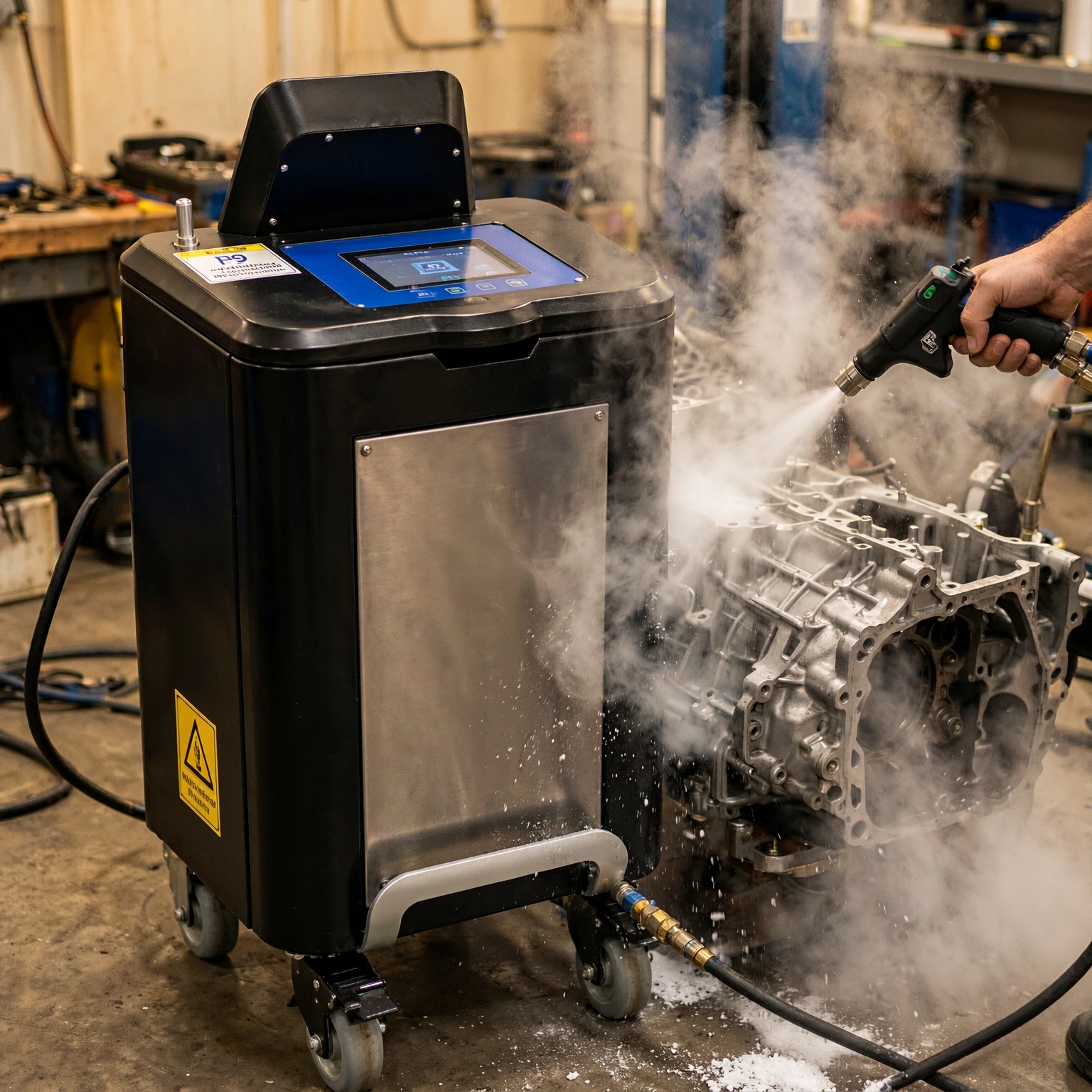 Industrial Dry Ice Cleaner Portable Wheeled Design for Non Abrasive Cleaning of Machinery Molds and Metal Surfaces for Use