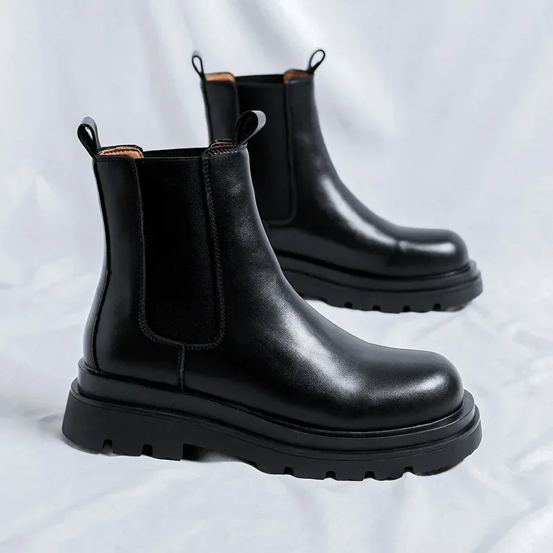 Casual Men's Leather Shoes 2024 Autumn Winter New Boots for Men High Top Slip-on Popular Trendy Motorcycle Boots