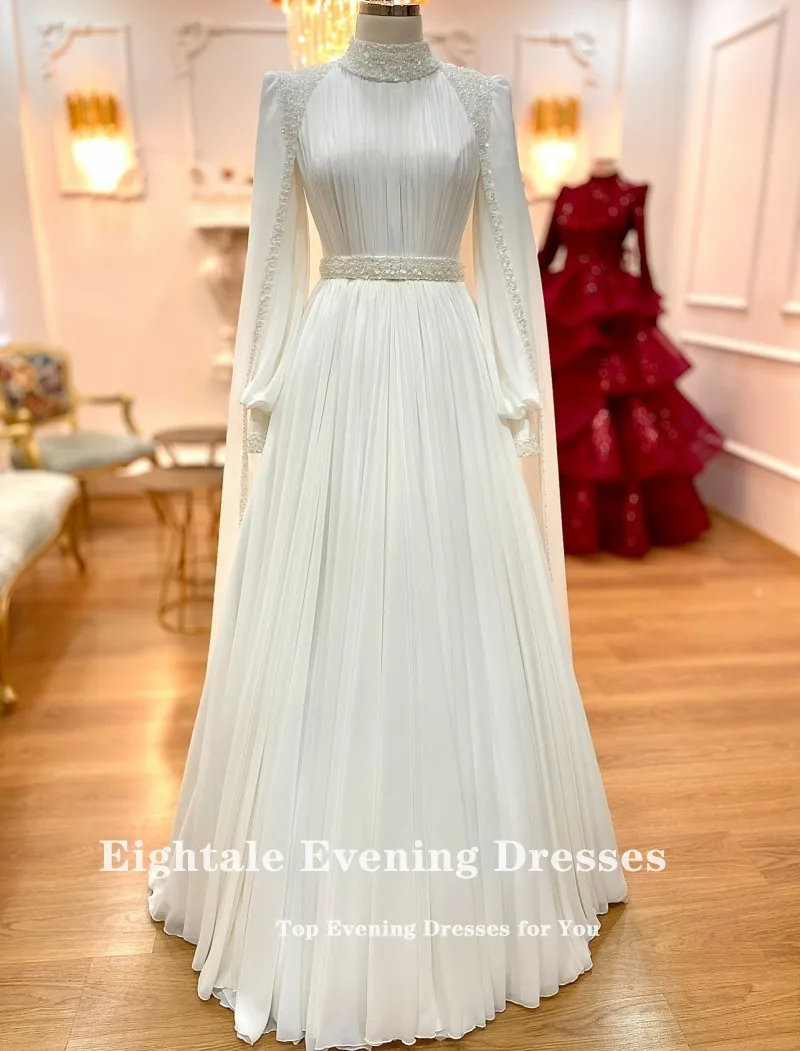 Eightale Arabic Wedding Dress High Neck Customized Ivory Bridal Gown Long Sleeves Muslim A-Line Sequin Bride Party Dress