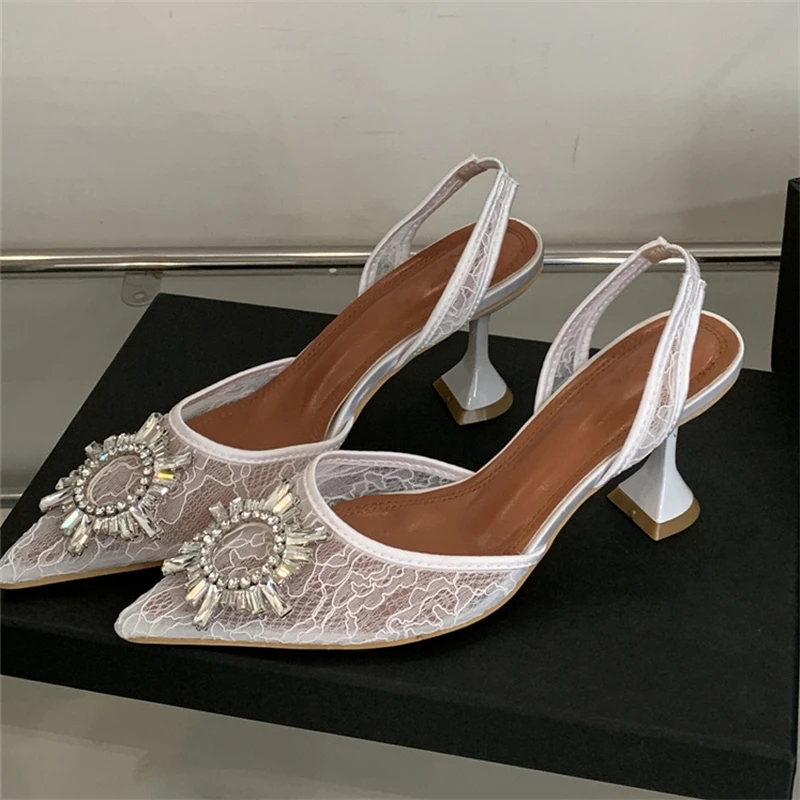 Eilyken Design Style Crystal Breathable Mesh Pointed Toe Women Pumps Elegant Slingbacks High Heels Party Prom Mule Shoes