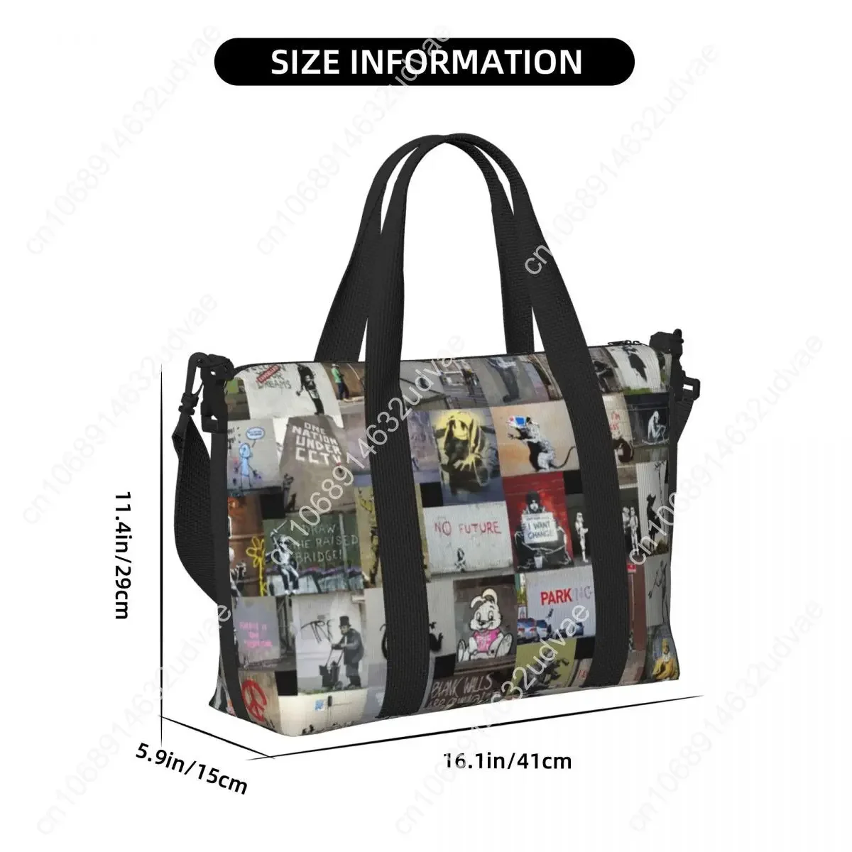 Tas Tote Banksy Inggris Kustom untuk Wanita Kapasitas Besar Tas Perjalanan Pantai Gym Seni Jalanan Grafiti